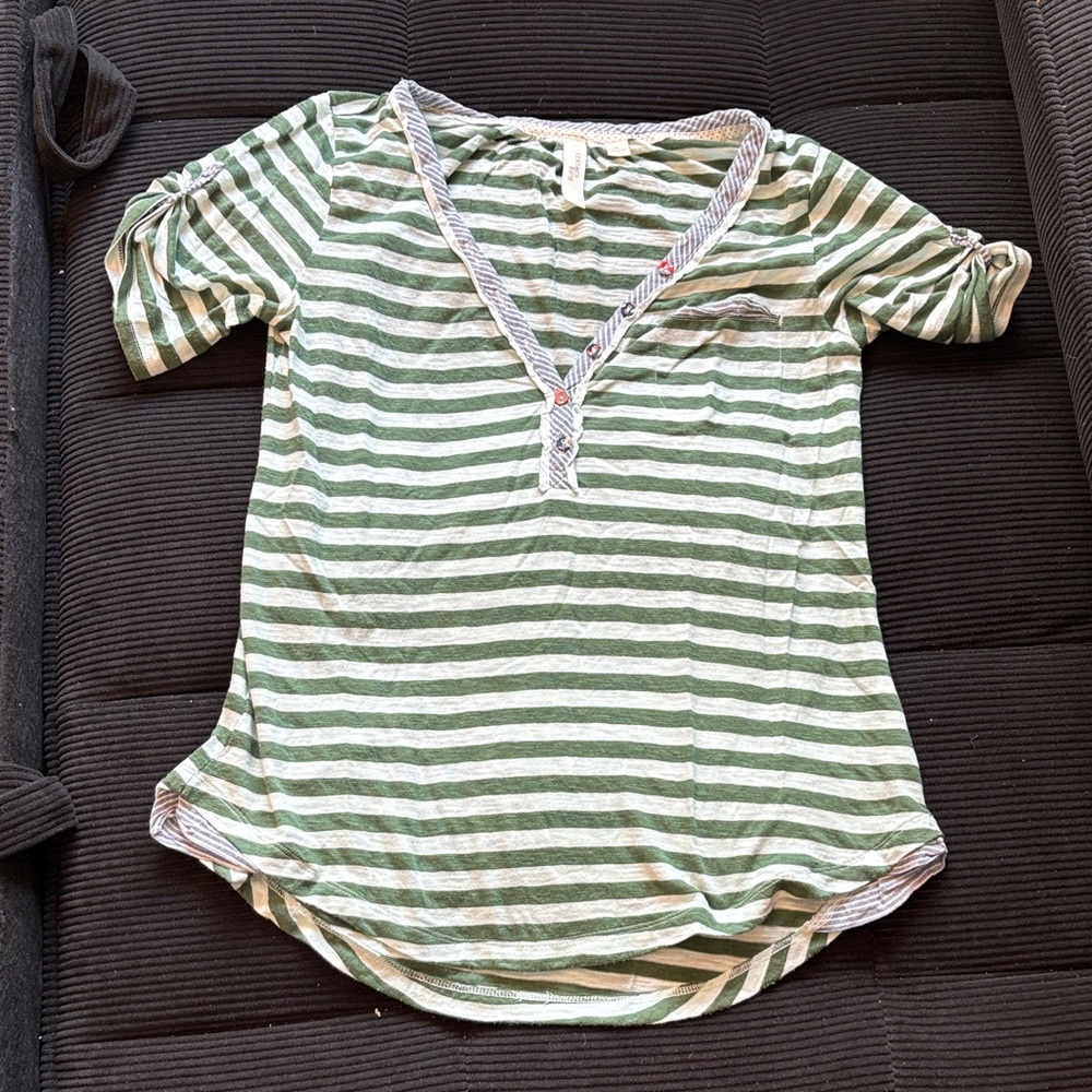 Anthropologie Olive and White Striped V-Neck Blouse